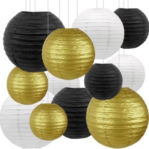 Paper Lanterns Party Decorations,12pcs Gold Black White Hanging Paper Lantern for for Wedding Graduation Anniversary Birthday Party Decorations