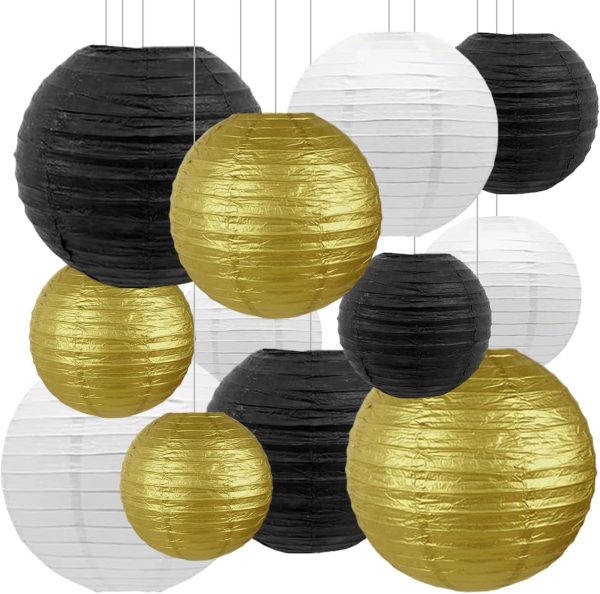 Paper Lanterns Party Decorations,12pcs Gold Black White Hanging Paper Lantern for for Wedding Graduation Anniversary Birthday Party Decorations