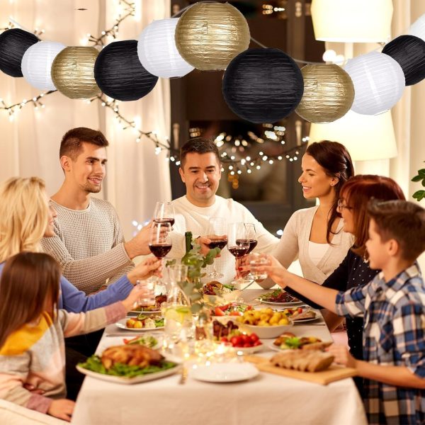 Paper Lanterns Party Decorations,12pcs Gold Black White Hanging Paper Lantern for for Wedding Graduation Anniversary Birthday Party Decorations - Image 2