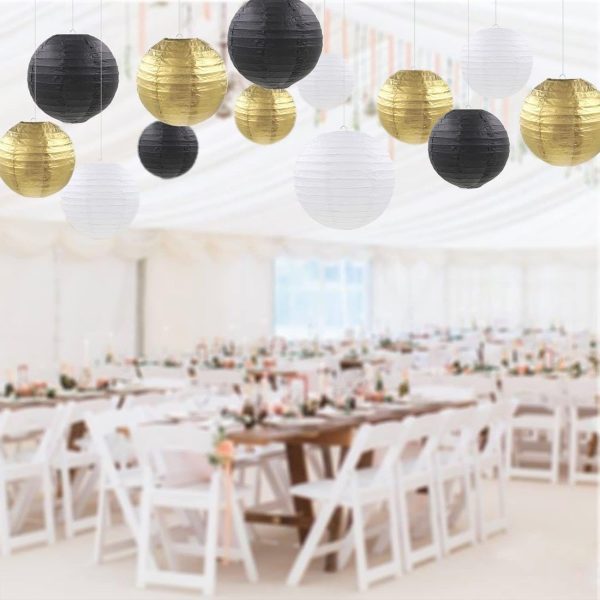 Paper Lanterns Party Decorations,12pcs Gold Black White Hanging Paper Lantern for for Wedding Graduation Anniversary Birthday Party Decorations - Image 3